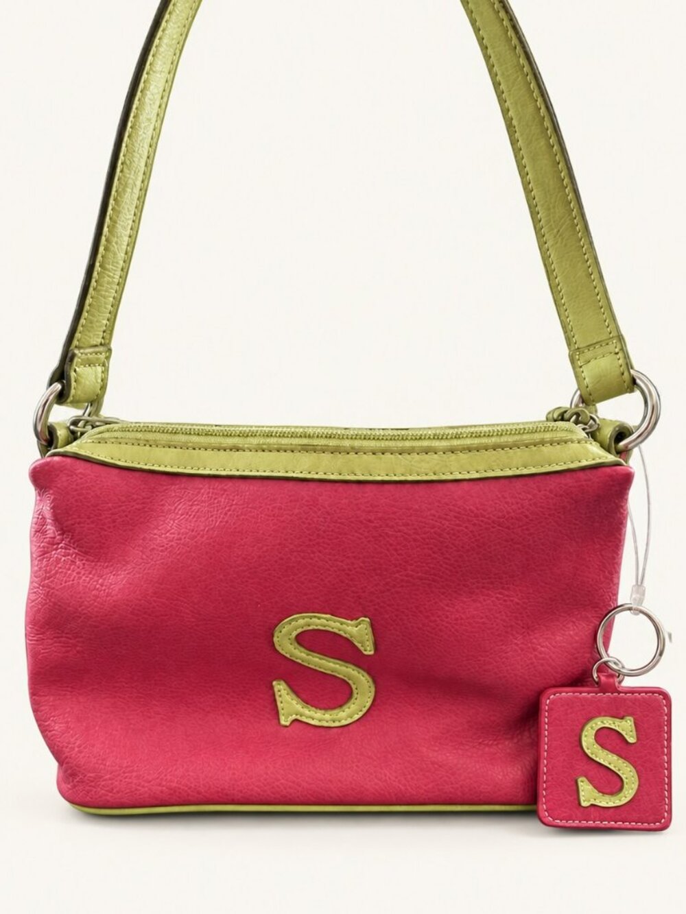 Fuchsia Pink & Lime Green S Initial Shoulder Bag with Matching Key Fob